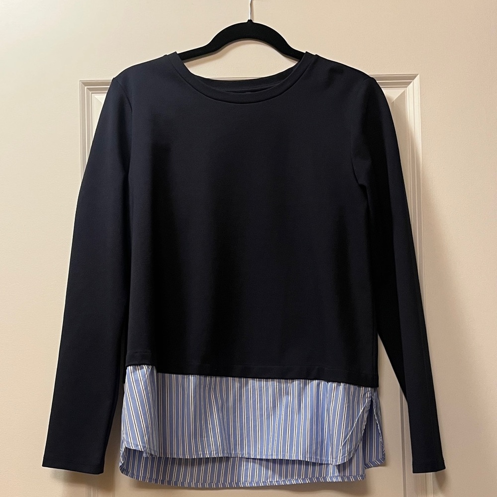 Ann Taylor Navy Long Sleeve Top with Striped Hem